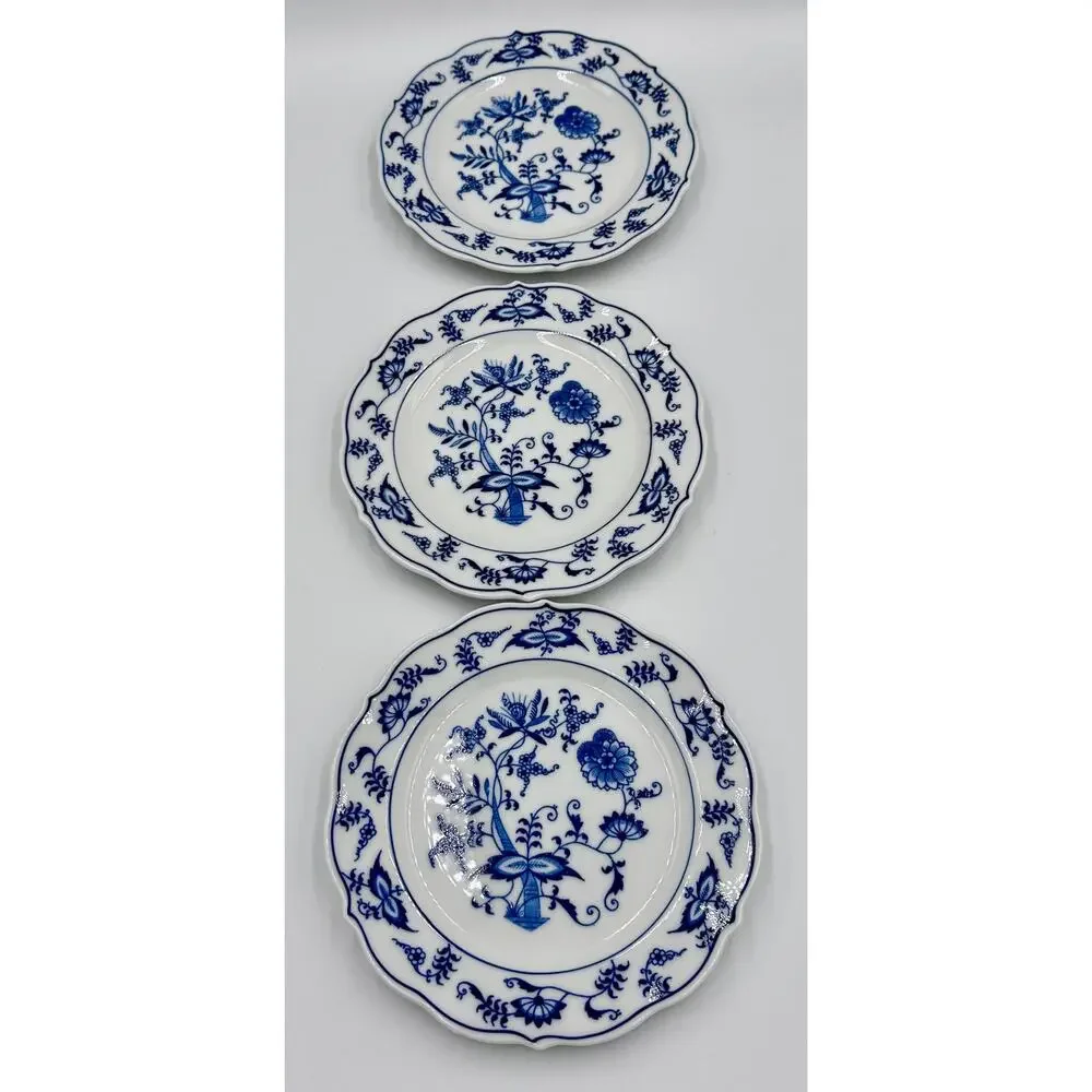 Danube 1950's Blue Onion Blue & White 3pc Dessert Plate Set Ribbon Hallmark Logo